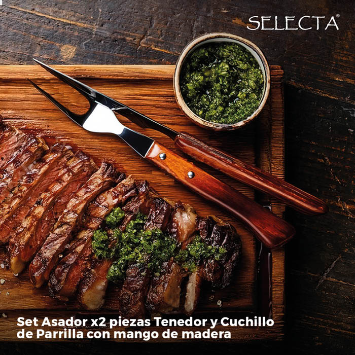 SET 2PCS CUCHILLO/TENEDOR PARRILLA MANGO MADERA