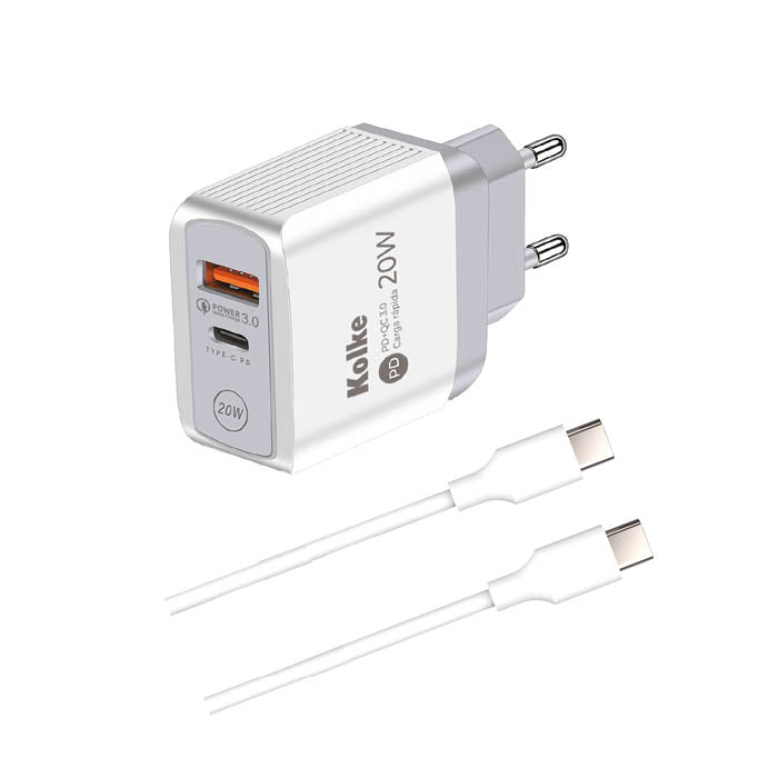 CARGADOR RAPIDO DE PARED KOLKE USB PD + QC 3.0 BLANCO KCR-2706