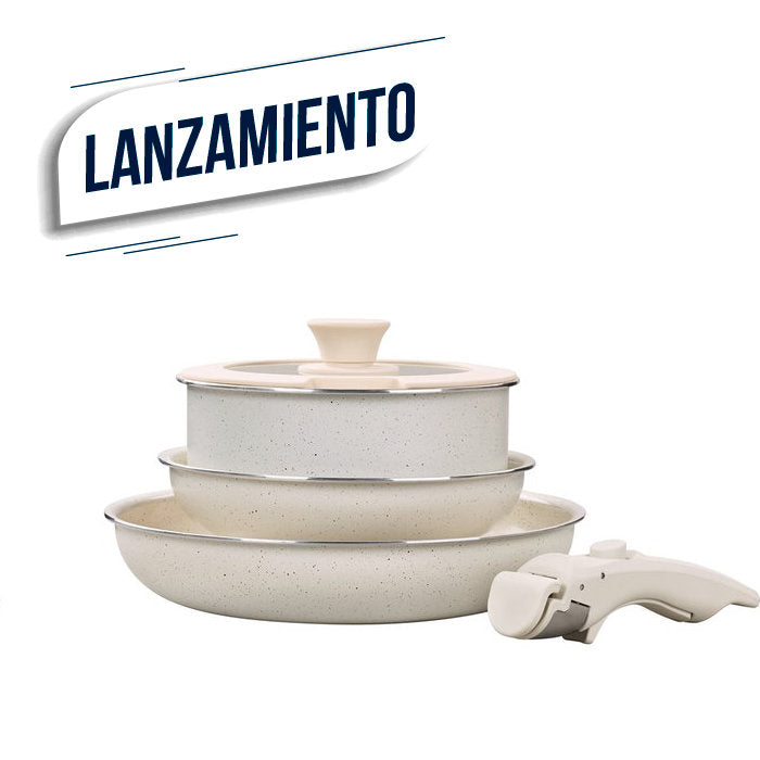 JUEGO DE OLLAS 5 PIEZAS. MANGO DESMONTABLE CERAM.CREMA