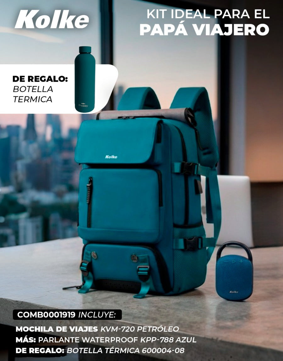 Combo Día del Padre — Mochila Hikes KVM-720 + Parlante KPP-788 + Botella Térmica de Regalo