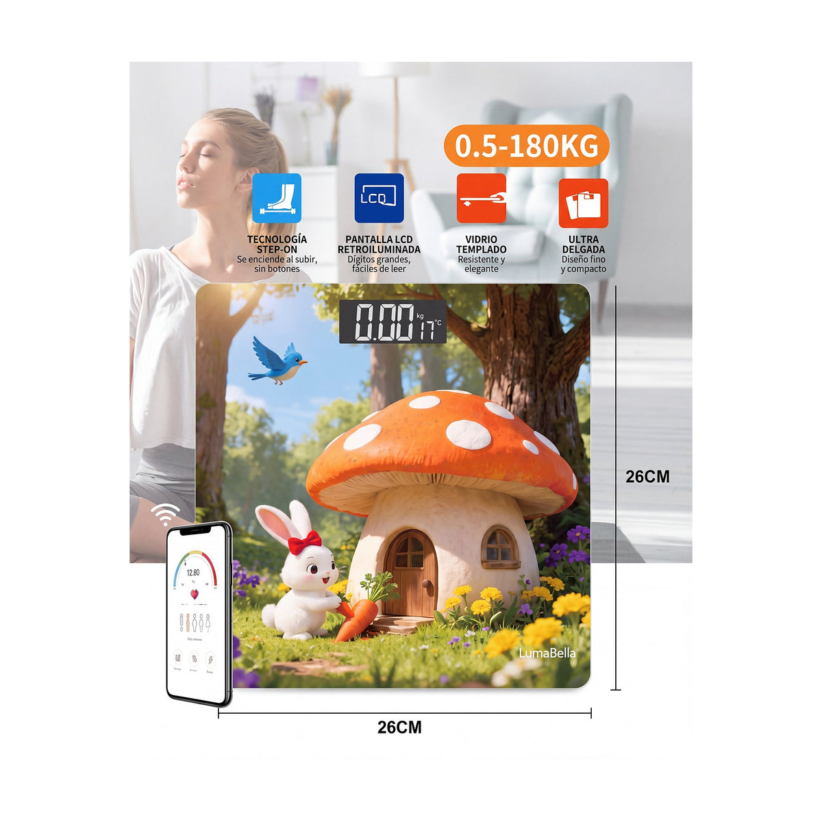 Balanza Digital Corporal Diseño Bosque Infantil con App, vista de producto sobre fondo blanco