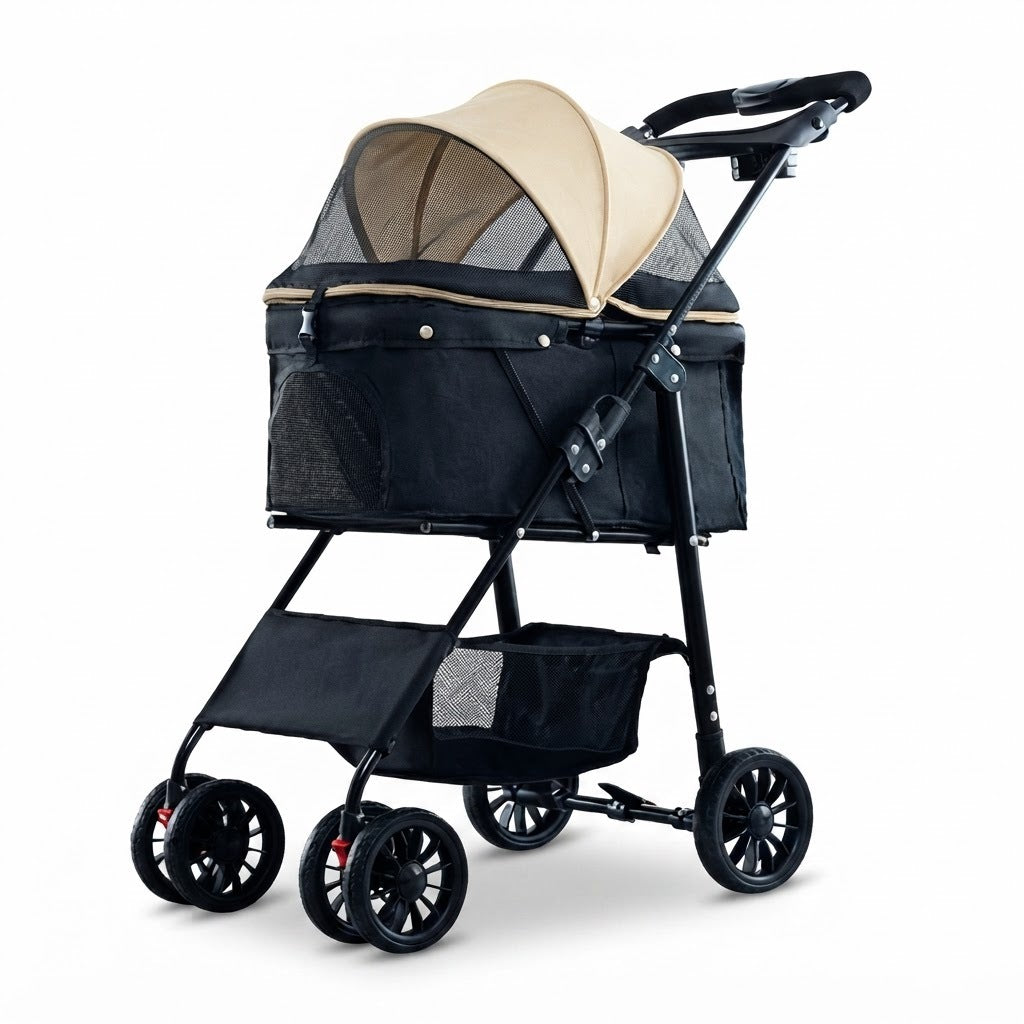 Carrito para mascotas para paseo y transporte, vista de producto sobre fondo blanco