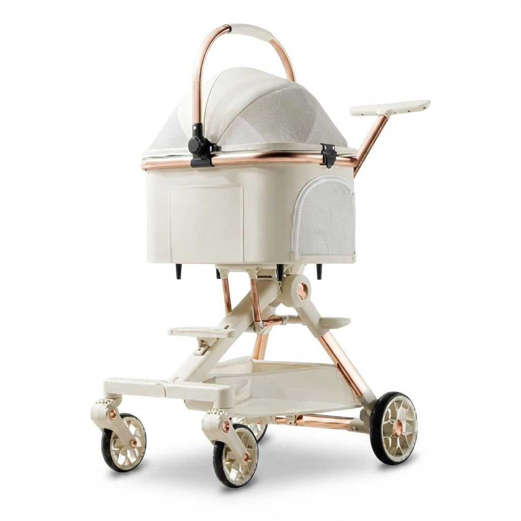 Carrito para mascotas para paseo y transporte, vista de producto sobre fondo blanco