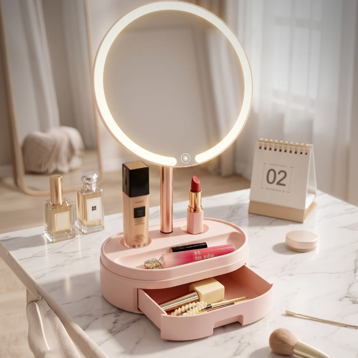 Espejo de maquillaje con luz LED SATE HZJ-650 redondo sobre base rosa con cajón abierto y organizador