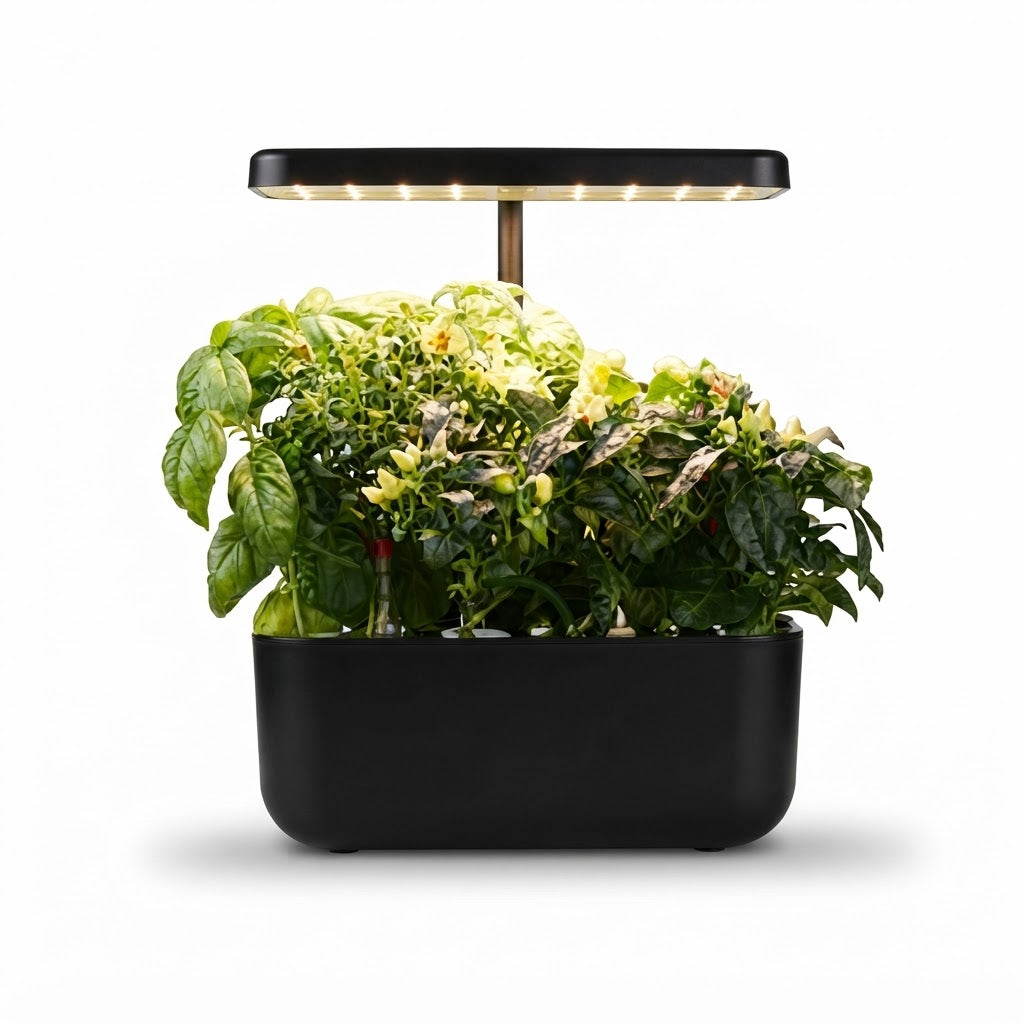 Huerto hidropónico negro con luz LED superior y plantas verdes creciendo, sobre fondo blanco