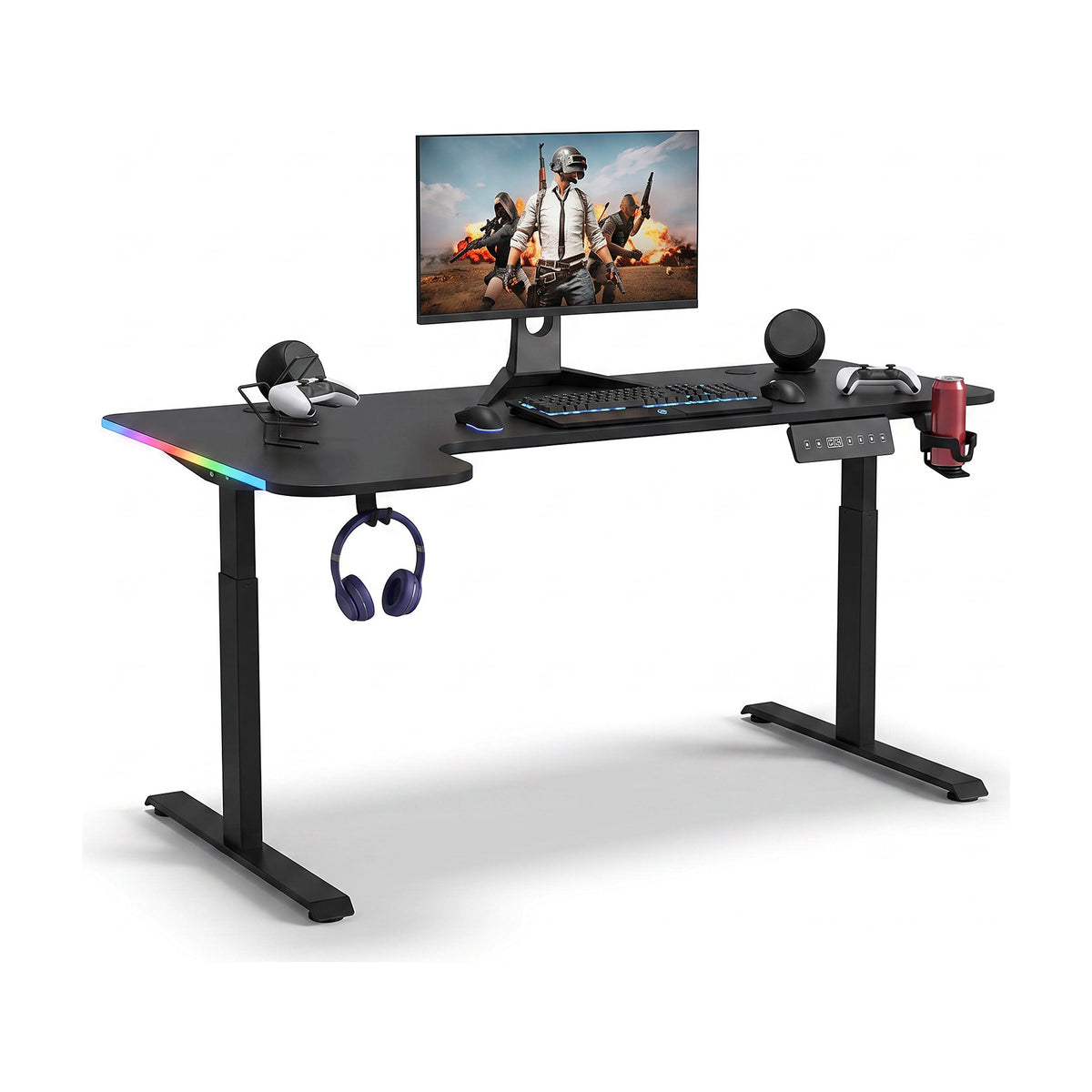 Mesa gamer elevable negra con iluminacion RGB en el borde frontal, sobre fondo blanco