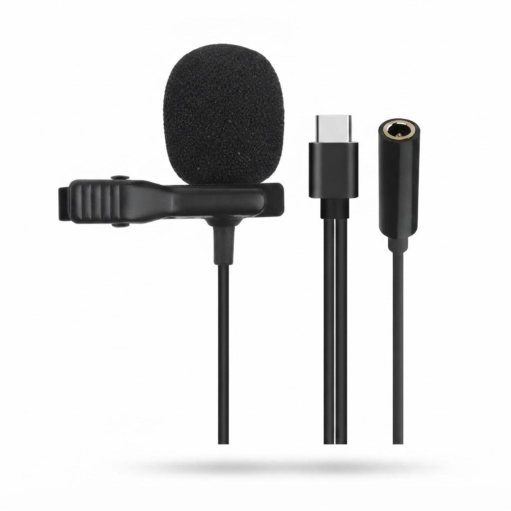 Micrófono de Solapa A- Tipo-C con Cable Adaptador, vista de producto sobre fondo blanco