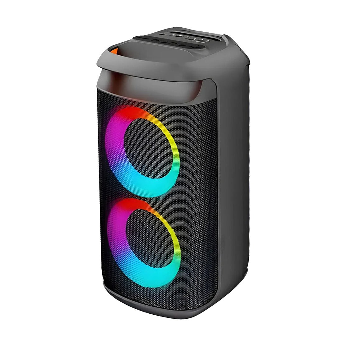 Parlante JBK negro vertical con dos aros de luz RGB