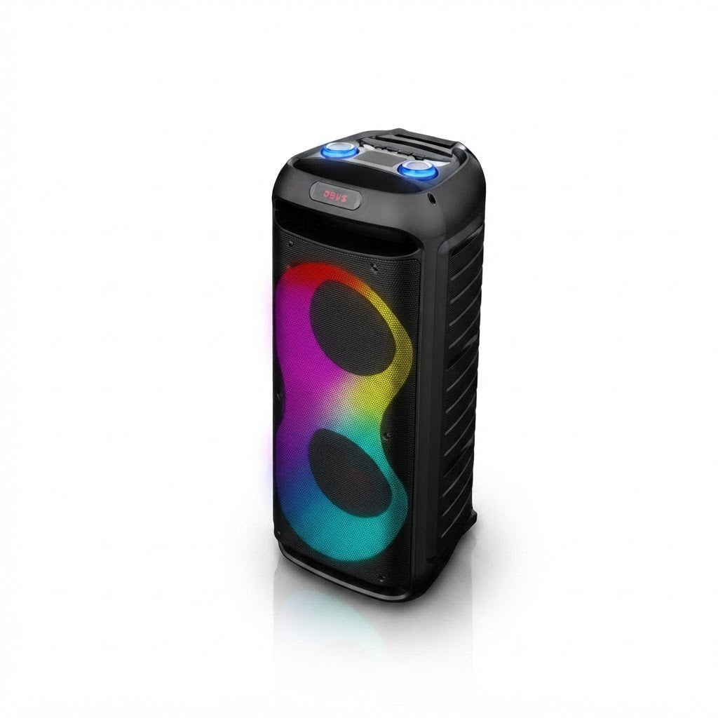 Parlante party box de 2x6,5 pulgadas con luces LED RGB, vista de producto sobre fondo blanco