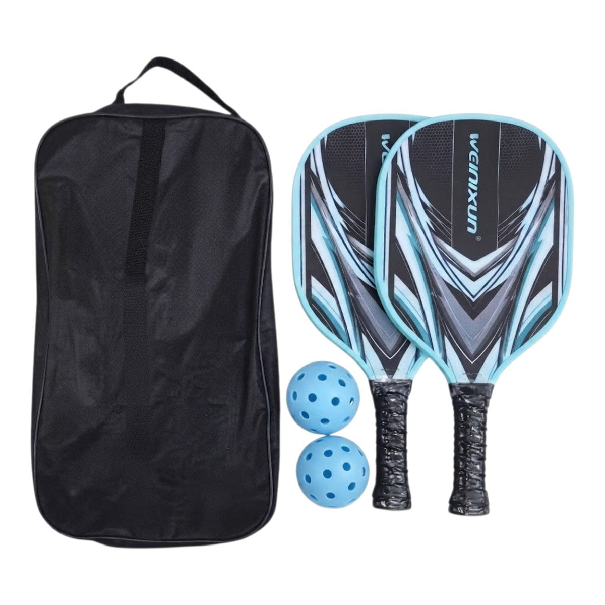 Set de pickleball SATE PK08033 con dos raquetas de tilo en celeste y blanco, dos pelotas y bolso negro