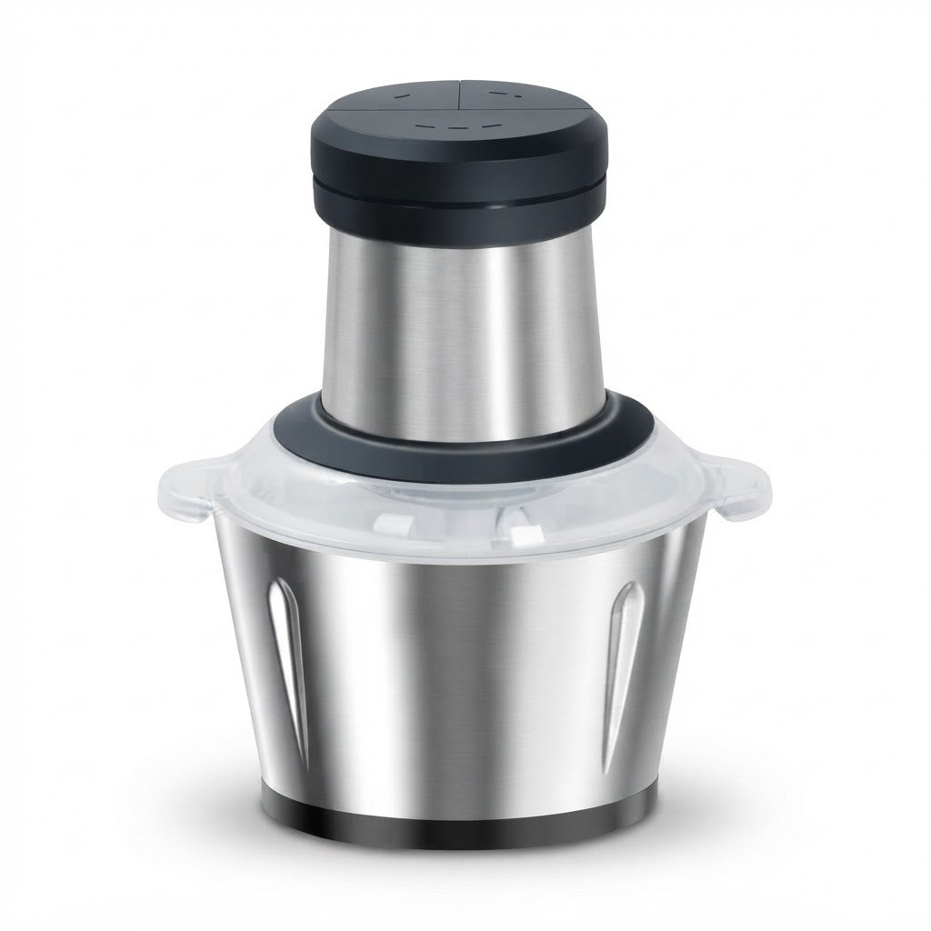 Procesador de 3 litros y 500 W con cuerpo de acero inoxidable, vista de producto sobre fondo blanco