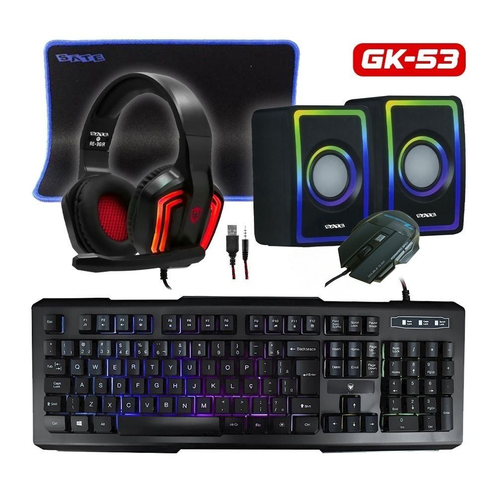 Kit Gamer 5 en 1 GK-53 Portugués con Teclado, Mouse, Pad, Speaker y Auricular