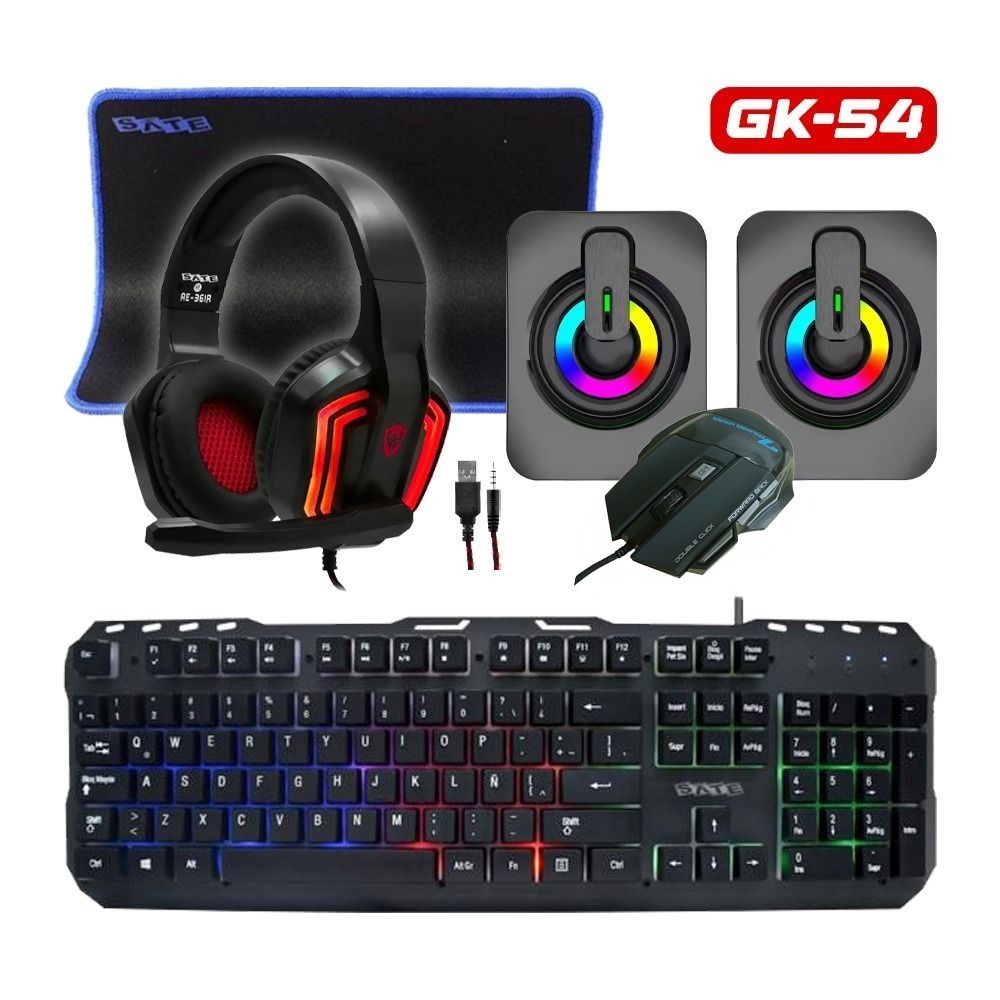 Kit Gamer 5 en 1 GK-54 Español con Teclado, Mouse, Pad, Speaker y Auricular
