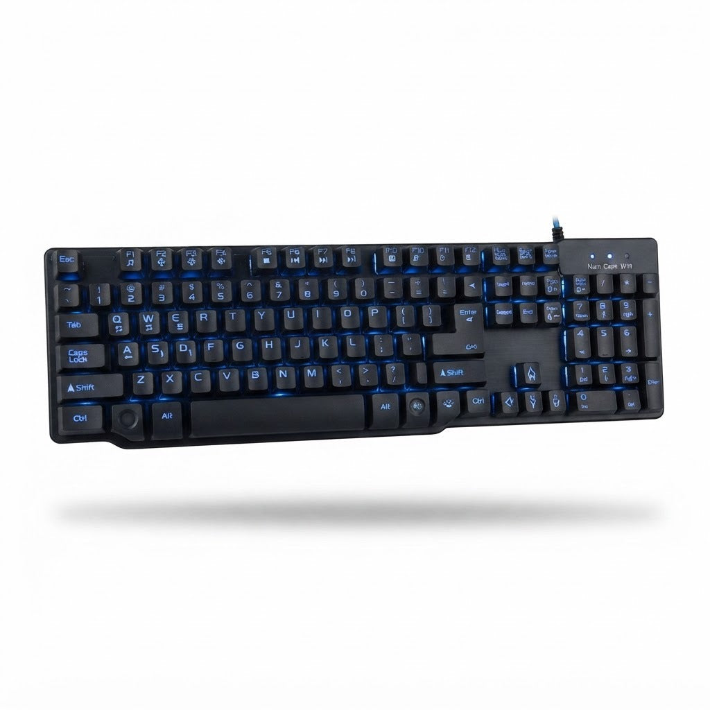 Teclado Gamer Mecánico USB Layout Español - Negro, vista de producto sobre fondo blanco