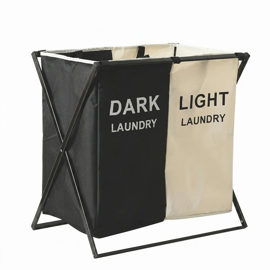 Cesto de Ropa Plegable Doble SATE 004-75812 Negro y Beige 2 Compartimentos