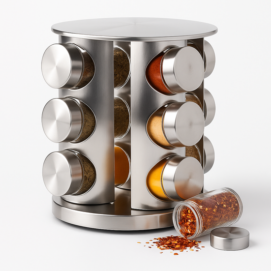 Set Giratorio de Especieros en Acero Inoxidable con Frascos de Vidrio (12, 16 o 20 uds)