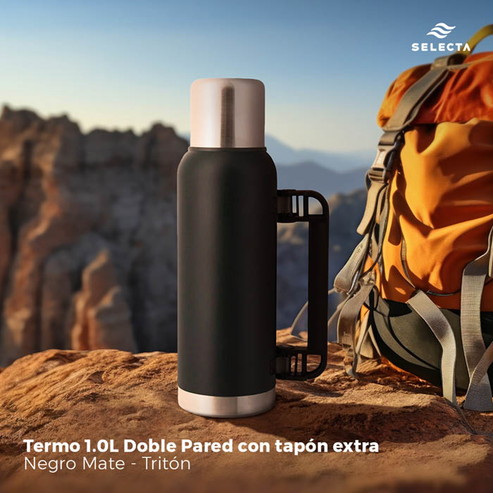TERMO 1.0L DOBLE PARED NEGRO MATE + TAPON EXTRA TRITON