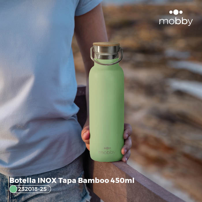 BOTELLA A.INOX 450ML D/PARED VER TAPA BAMBOO MOBBY