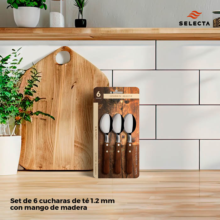 SET 6PZAS CUCHARA DE TE 1.2MM MANGO MADERA