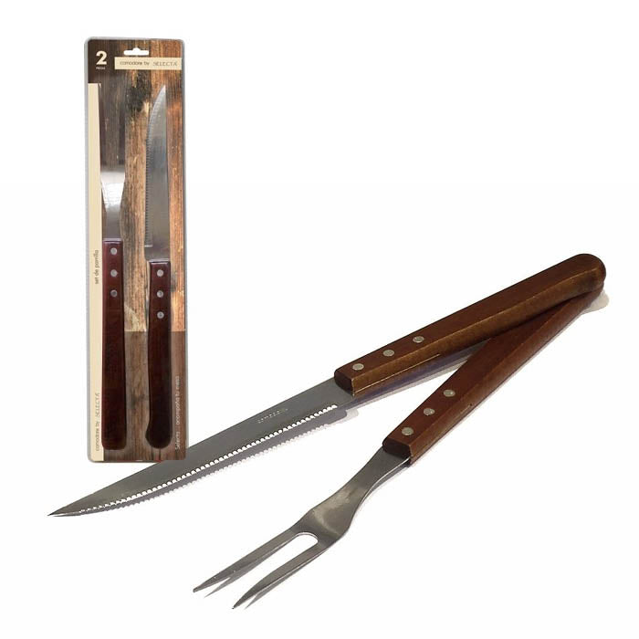 SET X2 PZAS ASADOR TENEDOR/CUCHILLO MANG.MADERA. 38CM