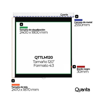 Pantalla de Proyección Retráctil Manual Quanta QTTLM120 120" 240x180cm