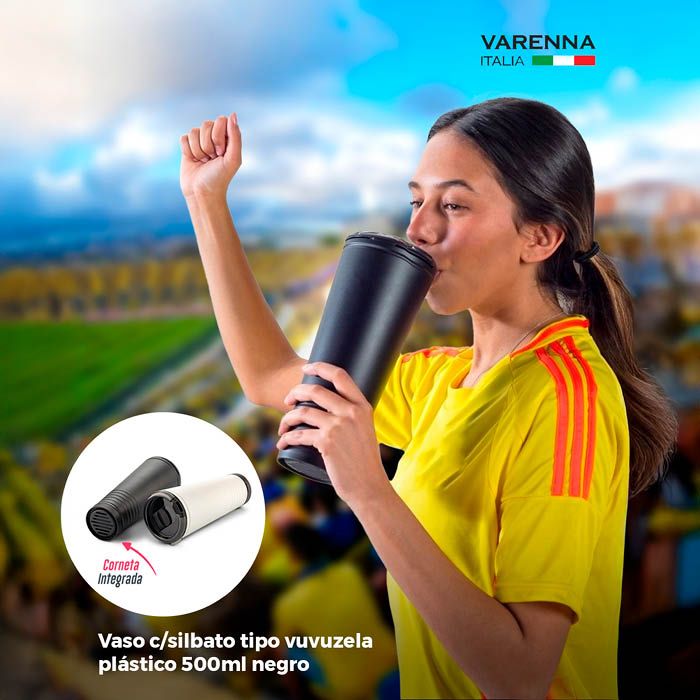 VASO C/SILBATO TIPO VUVUZELA PLASTICO 500ML NEGRO