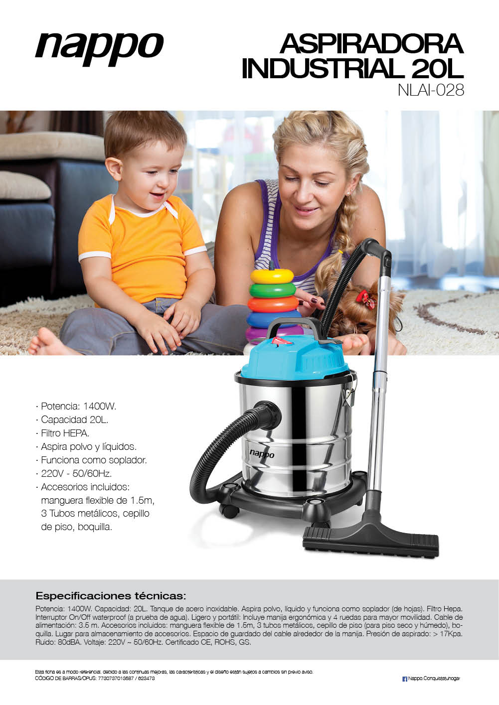 ASPIRADORA NAPPO NLAI-028 WET AND DRY 20L (AZ/NG)