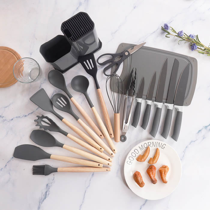 SET DE UTENSILIOS 19PCS CROIX SILICONA+MADERA GRIS CMU-022
