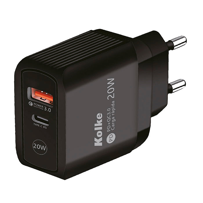 CARGADOR RAPIDO DE PARED KOLKE USB PD + QC 3.0 KCR-2576 NEGRO