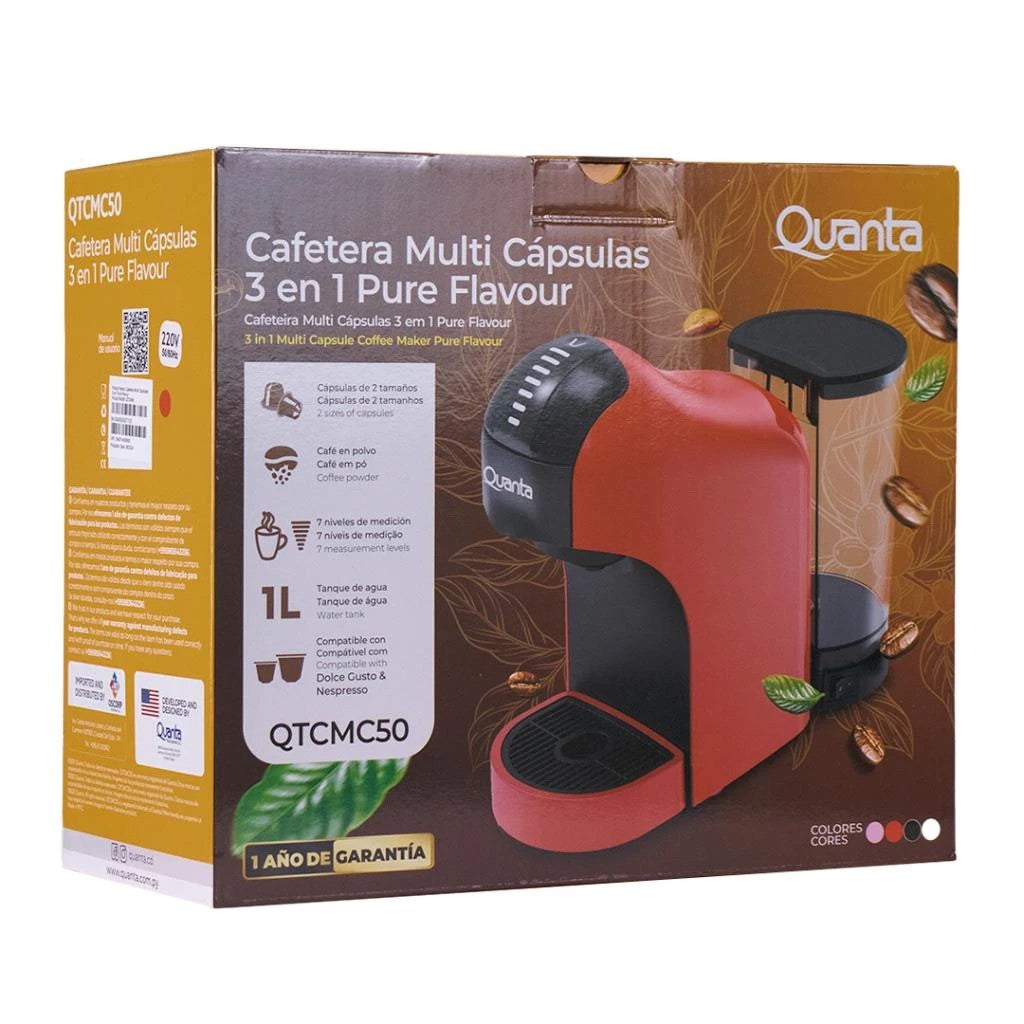 Cafetera Multicápsulas 3 en 1 Quanta QTCMC50 Pure Flavour 220V Roja