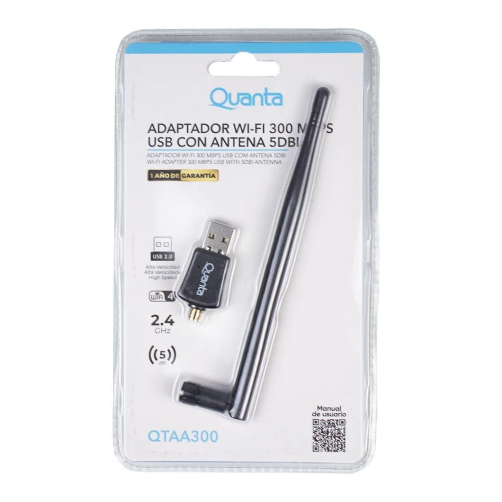 Adaptador Wi-Fi USB Quanta QTAA300 300 Mbps con Antena 5dBi