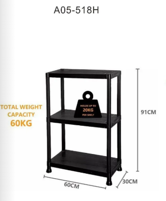 Estantería organizadora de plástico negro 3 estantes 60x30x91 cm
