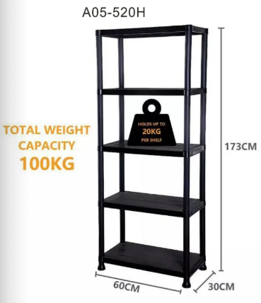 Estantería organizadora de plástico negro 5 estantes 60x30x173 cm
