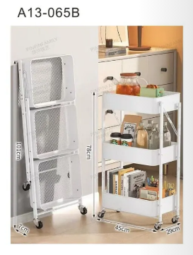 Carrito organizador plegable blanco de 3 bandejas con ruedas
