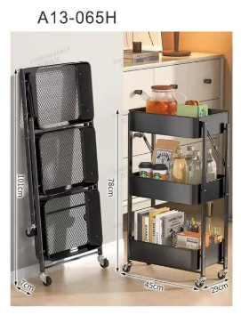 Carrito organizador plegable negro de 3 bandejas con ruedas