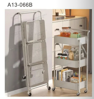 Carrito organizador plegable blanco con manija de empuje y 3 bandejas