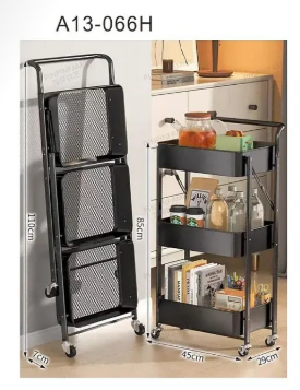 Carrito organizador plegable negro con manija de empuje y 3 bandejas