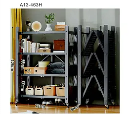 Estantería plegable metálica gris de 4 niveles con ruedas