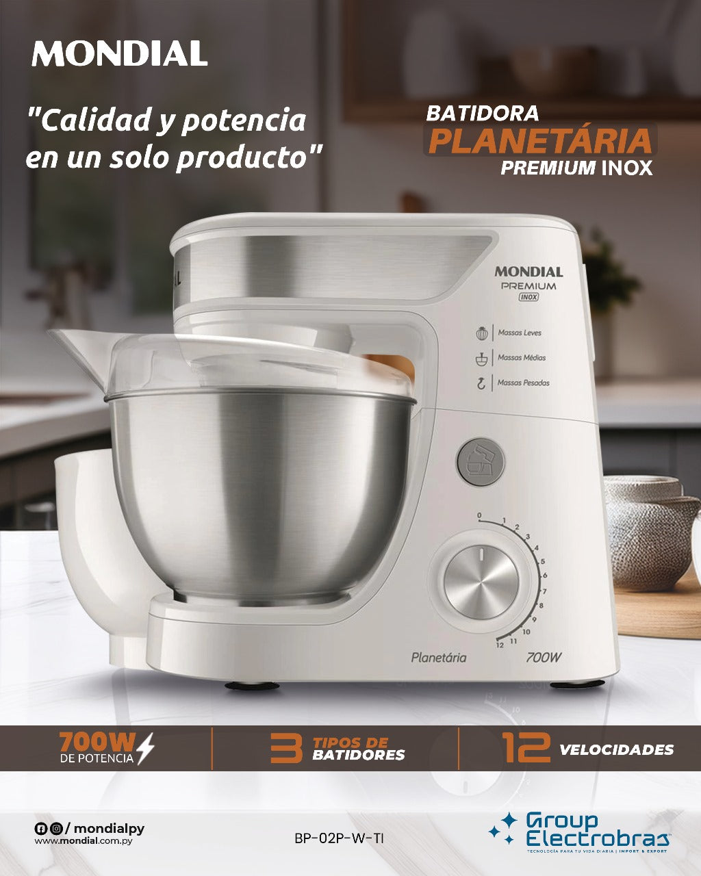 BATIDORA PLANETARIA 700W PREMIUM INOX - 2 BOLS BP-02P-W-TI