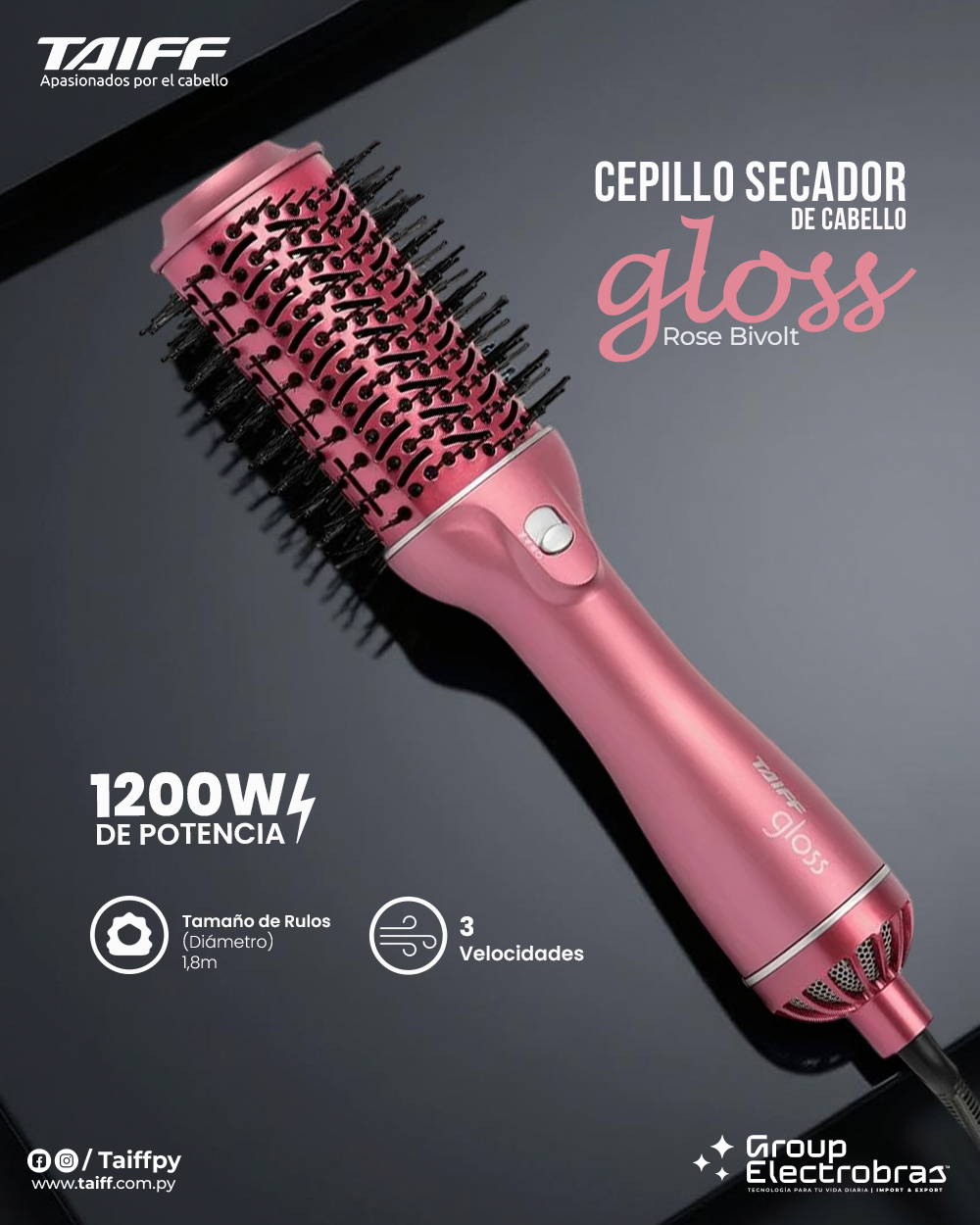 CEPILLO SECADOR - GLOSS ROSE 1200 WATTS CABLE 1,8 METROS GLOSS ROSE