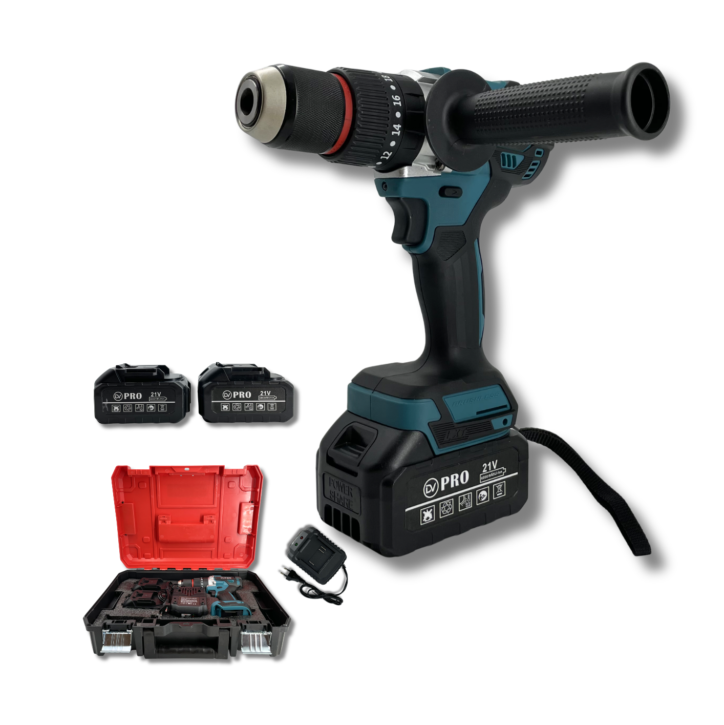 Taladro Percutor Inalámbrico Brushless DV-6013B  150Nm 13mm con Maletín y 2 Baterías