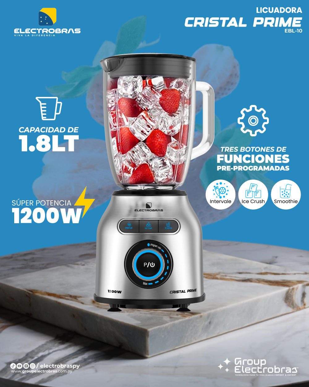LICUADORA CRISTAL PRIME JARRA DE VIDRIO 1.8L 1200W EBL-10