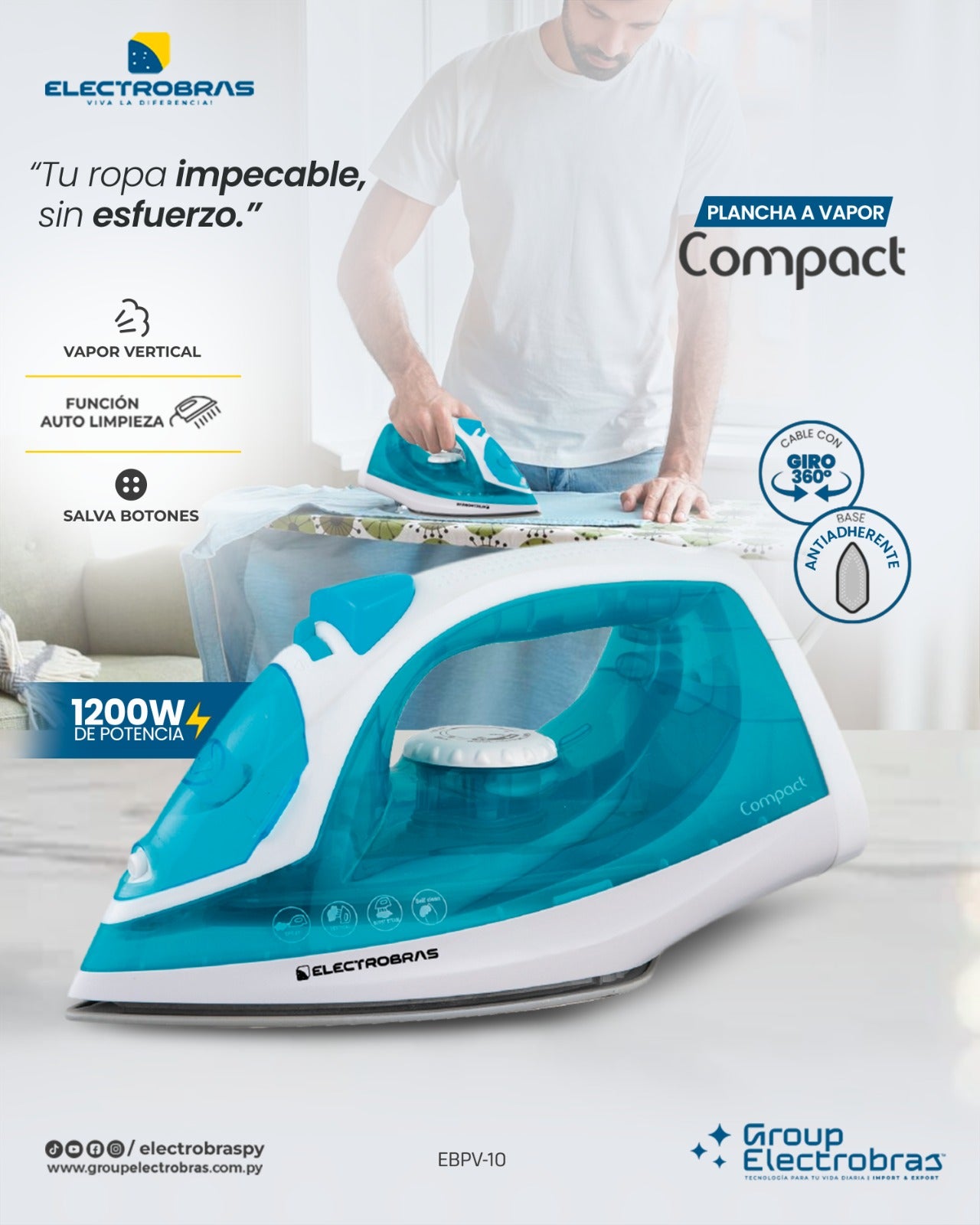 PLANCHA A VAPOR - COMPACT TEFLON ANTIADERENTE 1200 WATTS EBPV-10