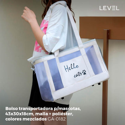 BOLSO TRANSPORTADORA P/MASCOTAS, 43*30*18CM, MALLA+POLIÉSTER, COLORES MEZCLADOS