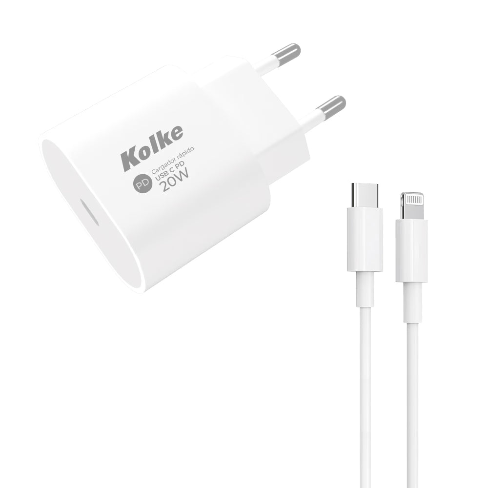 CARGADOR RAPIDO DE PARED USB C PD 20W CON CABLE LIGHTNING KCR-1748