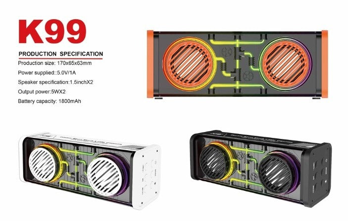 Parlante portátil SATE K99 en negro, naranja y blanco