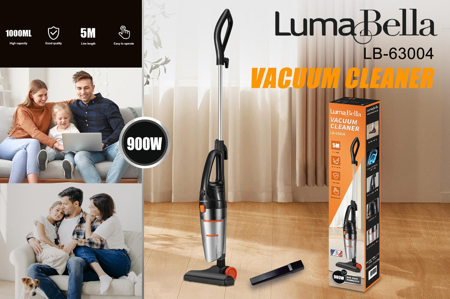 Aspiradora vertical Luma Bella LB-63004 de 900W con depósito de 1000 ml