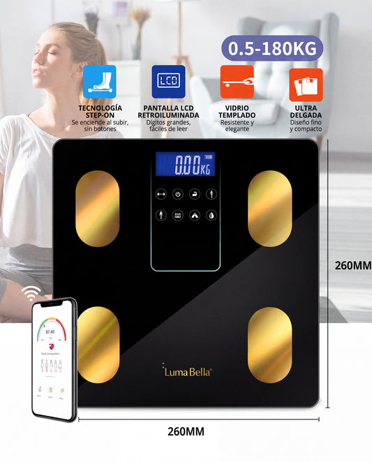 Balanza Digital Corporal Luma Bella LB-69015 Vidrio Negro con App hasta 180kg