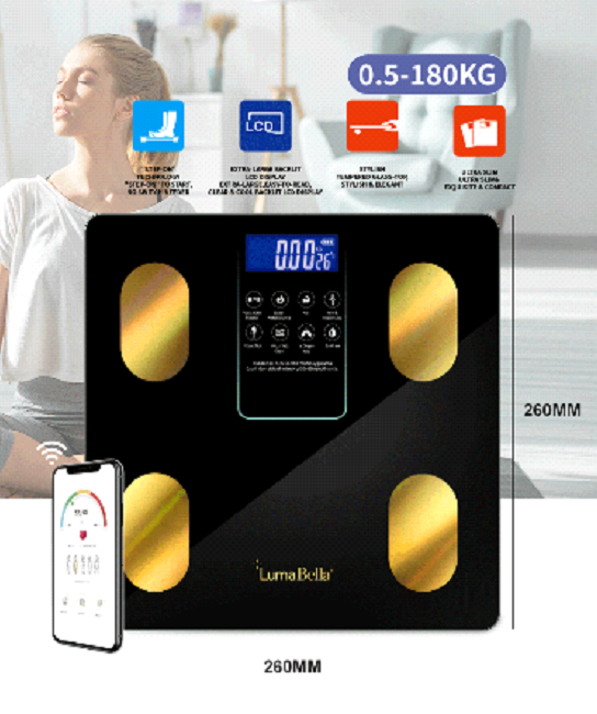 Balanza digital corporal Luma Bella LB-69015 de vidrio negro con app