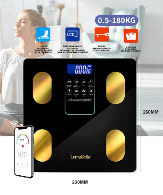 Balanza digital corporal Luma Bella LB-69015 de vidrio negro con app